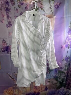 SHEIN White Pinstripe Long Sleeve Wrap Shirt Dress